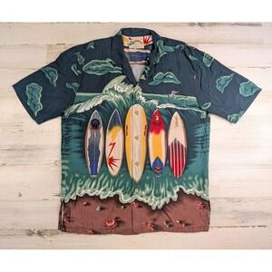 Vintage Paradise Found Shirt Mens Large Rayon Surf Boards Big Wave Camp Collar